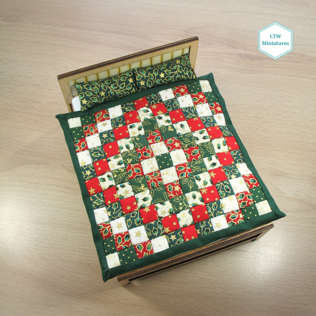 Christmas Squares Single Quilt and Pillows for 1:12 Dollhouse