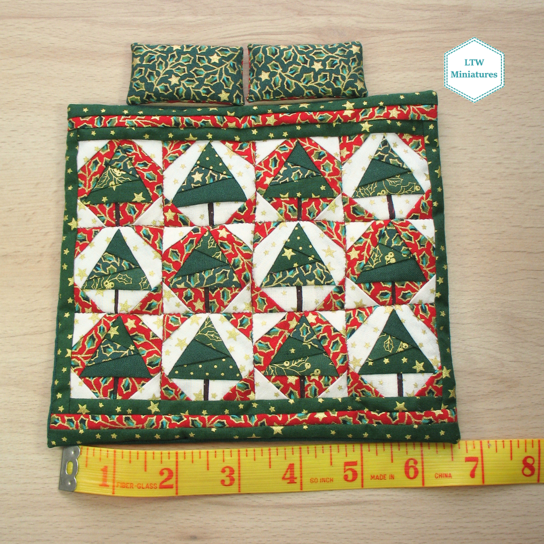 Christmas Trees Double Quilt and Pillows for 1:12 Dollhouse