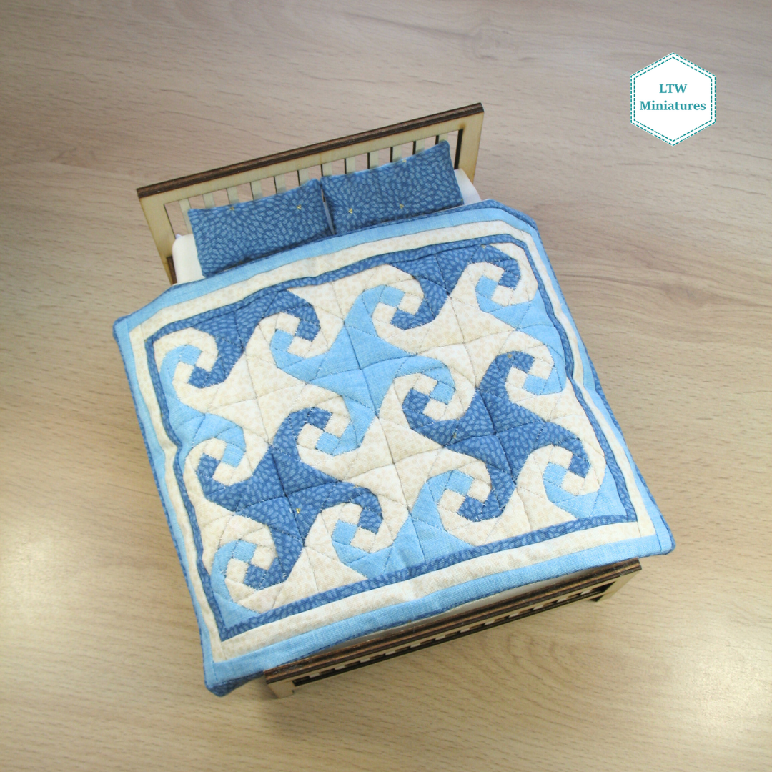Blue Waves Double Quilt and Pillows for 1:12 Dollhouse