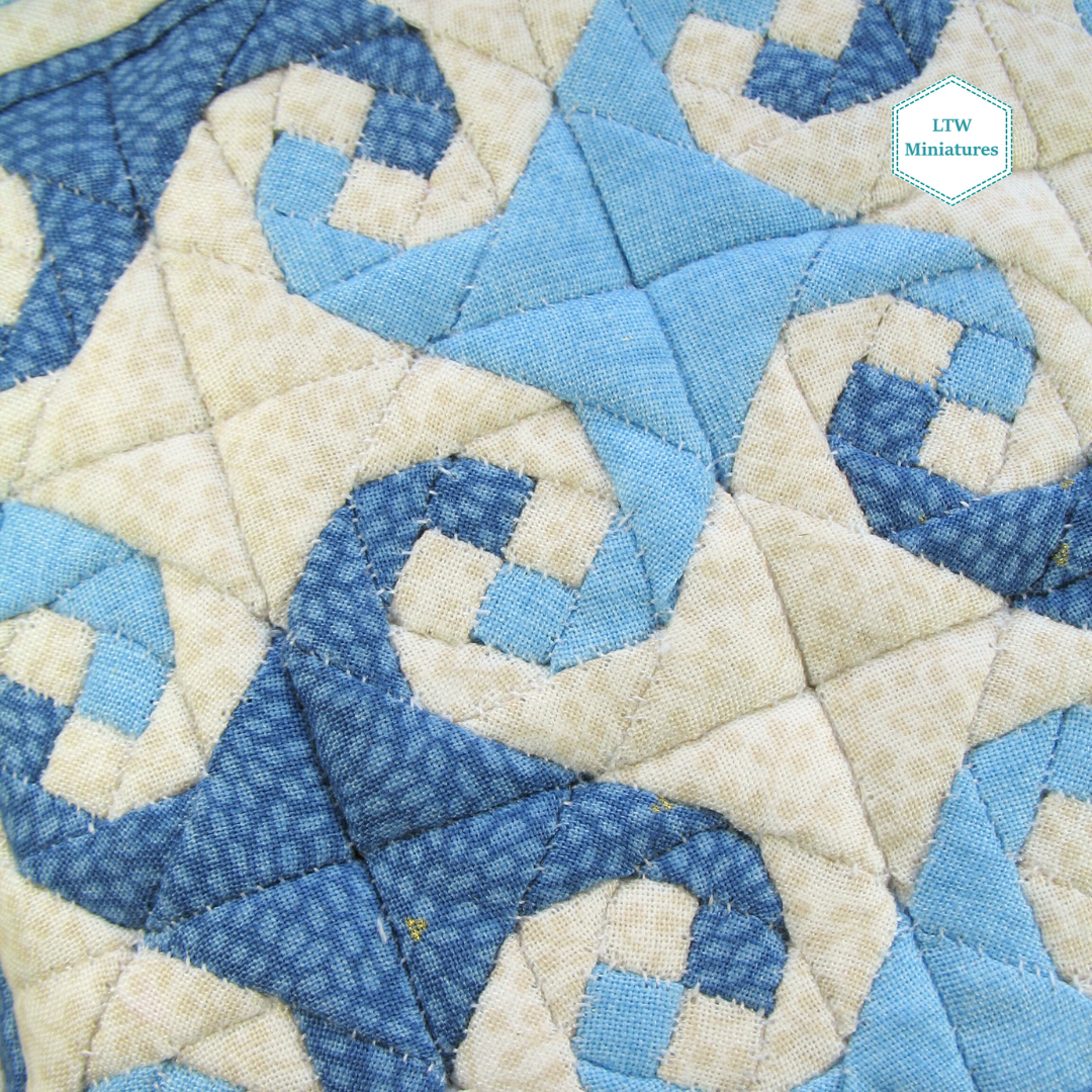 Blue Waves Double Quilt and Pillows for 1:12 Dollhouse