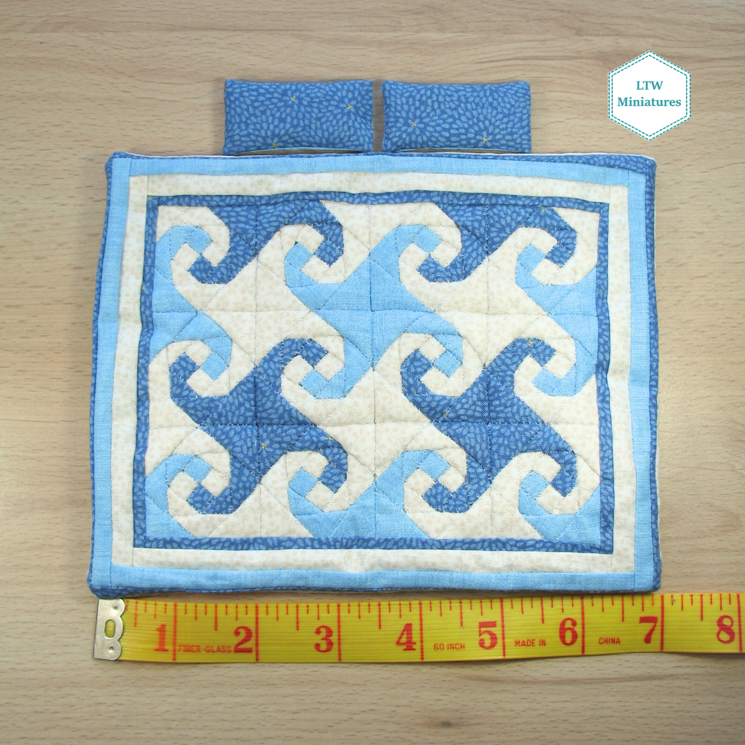 Blue Waves Double Quilt and Pillows for 1:12 Dollhouse