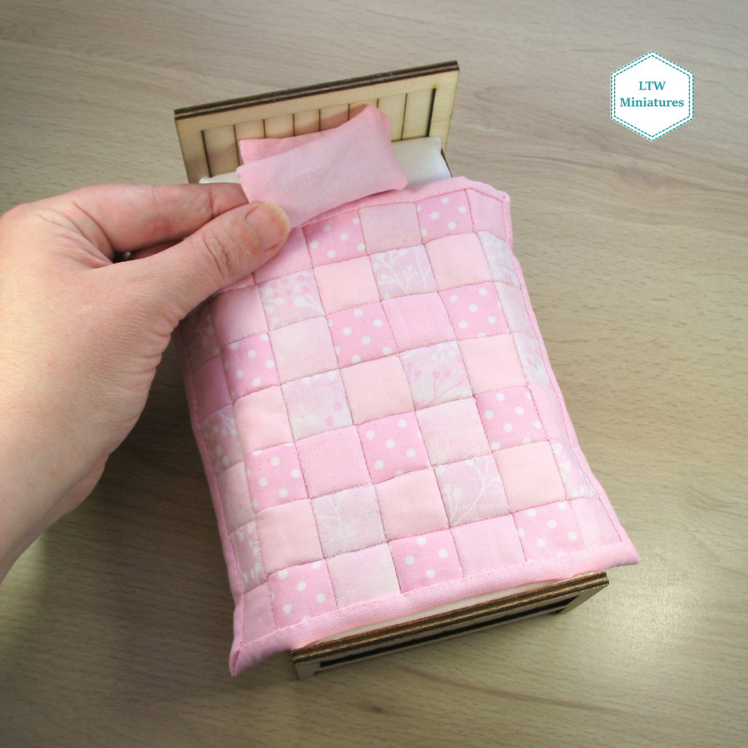 Pink Squares Single Quilt and Pillows for 1:12 Dollhouse