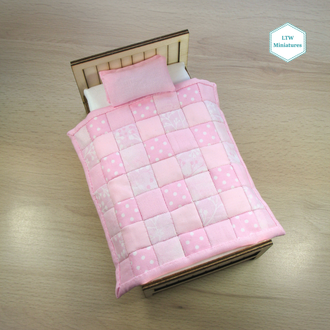 Pink Squares Single Quilt and Pillows for 1:12 Dollhouse
