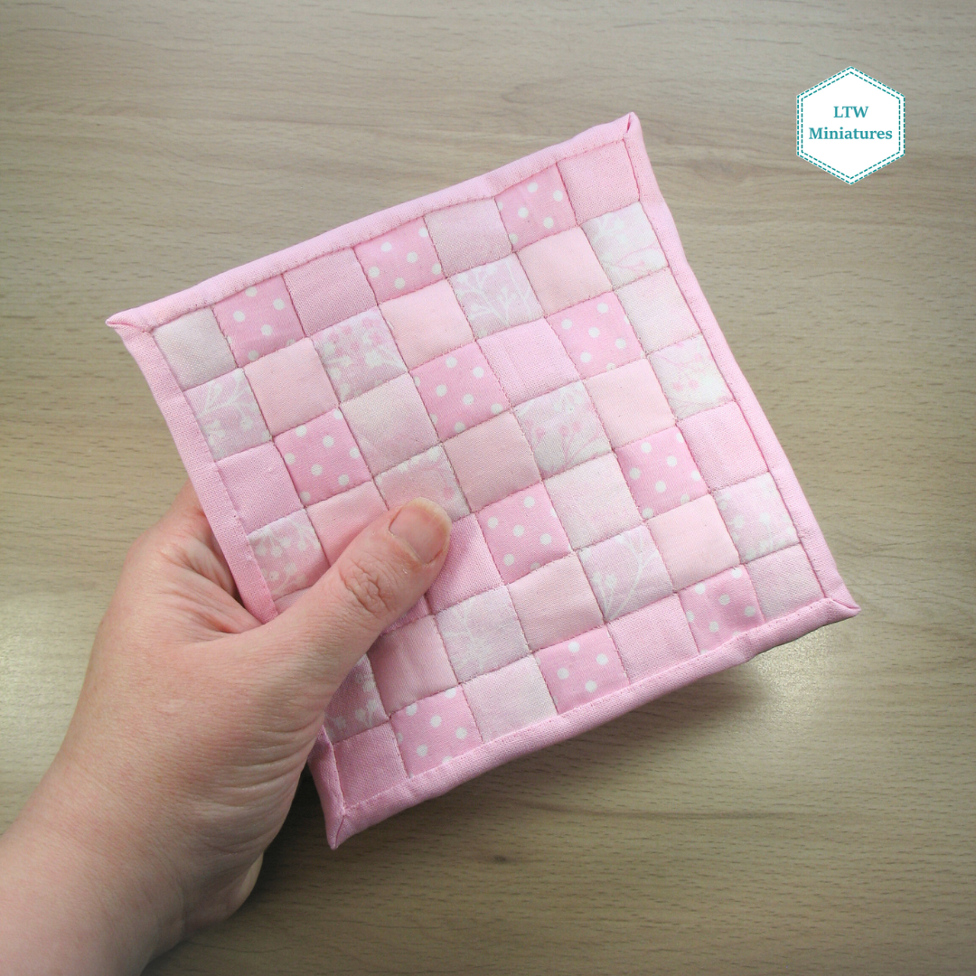 Pink Squares Single Quilt and Pillows for 1:12 Dollhouse