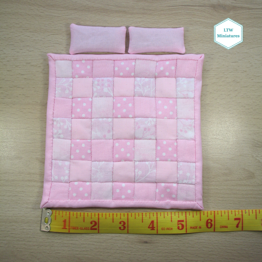 Pink Squares Single Quilt and Pillows for 1:12 Dollhouse