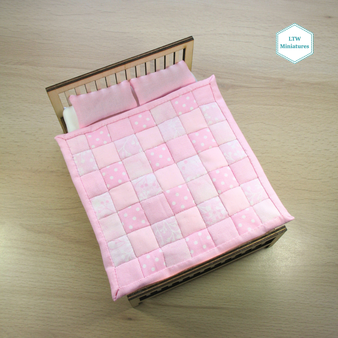 Pink Squares Single Quilt and Pillows for 1:12 Dollhouse