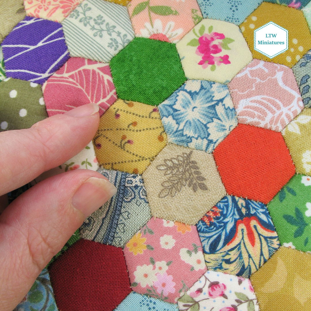 Scrappy Hexies Double Quilt and Pillows for 1:12 Dollhouse