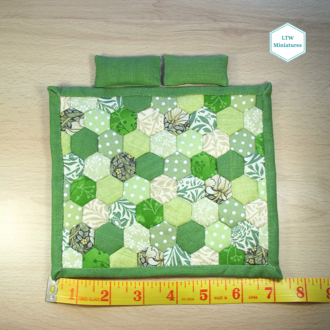 Green Hexies Double Quilt and Pillows for 1:12 Dollhouse
