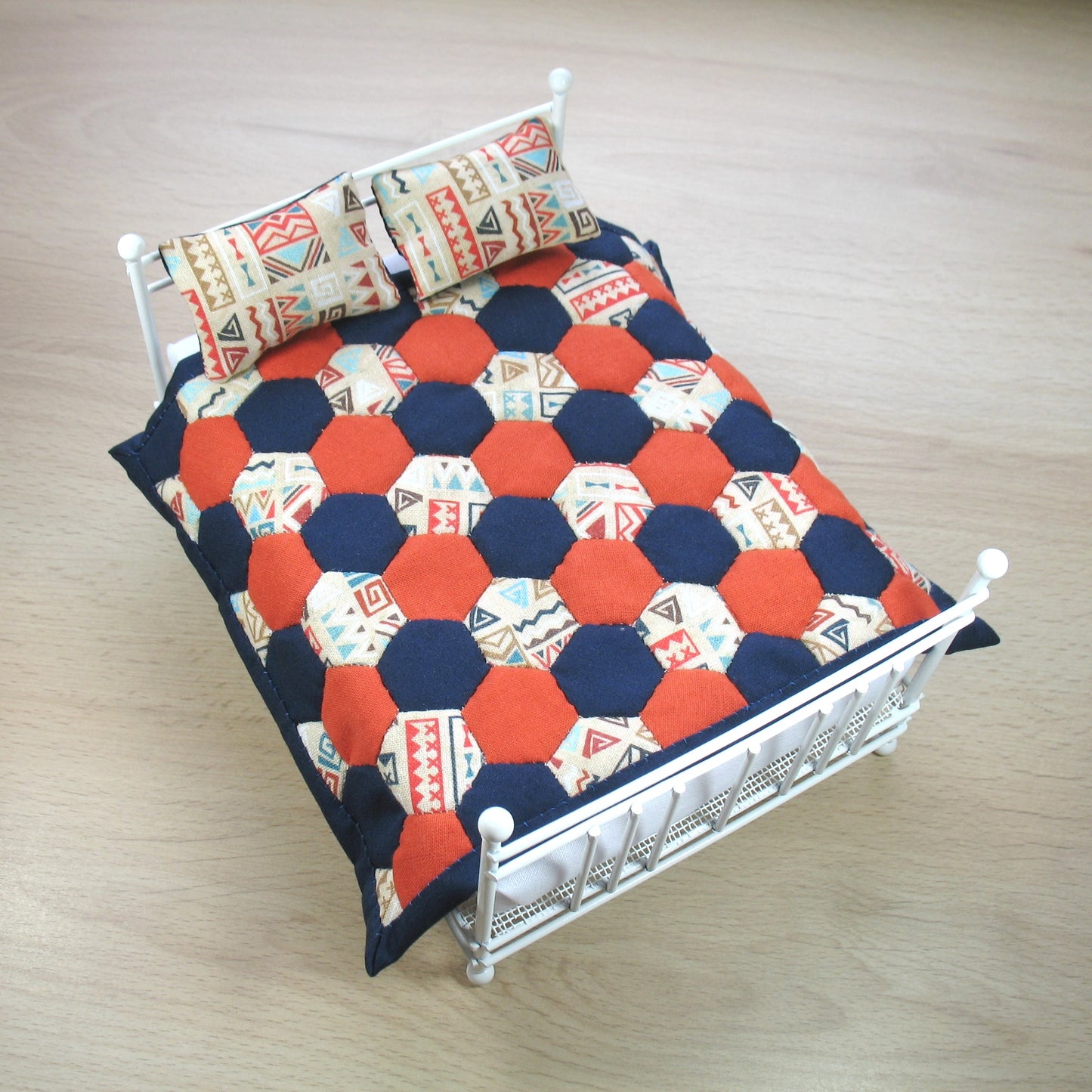 Orange and Blue Double Quilt and Pillows for 1:12 Dollhouse