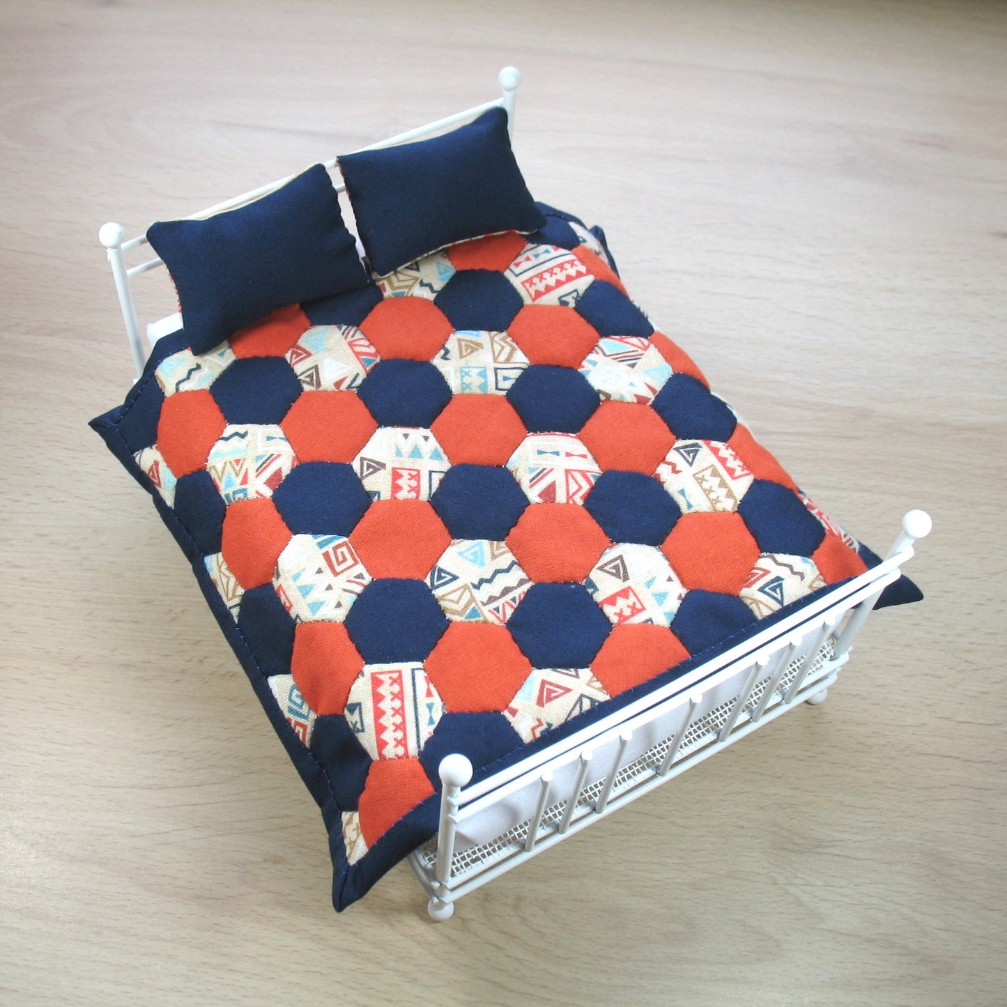 Orange and Blue Double Quilt and Pillows for 1:12 Dollhouse