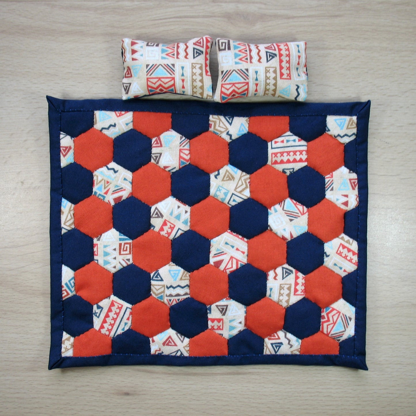Orange and Blue Double Quilt and Pillows for 1:12 Dollhouse