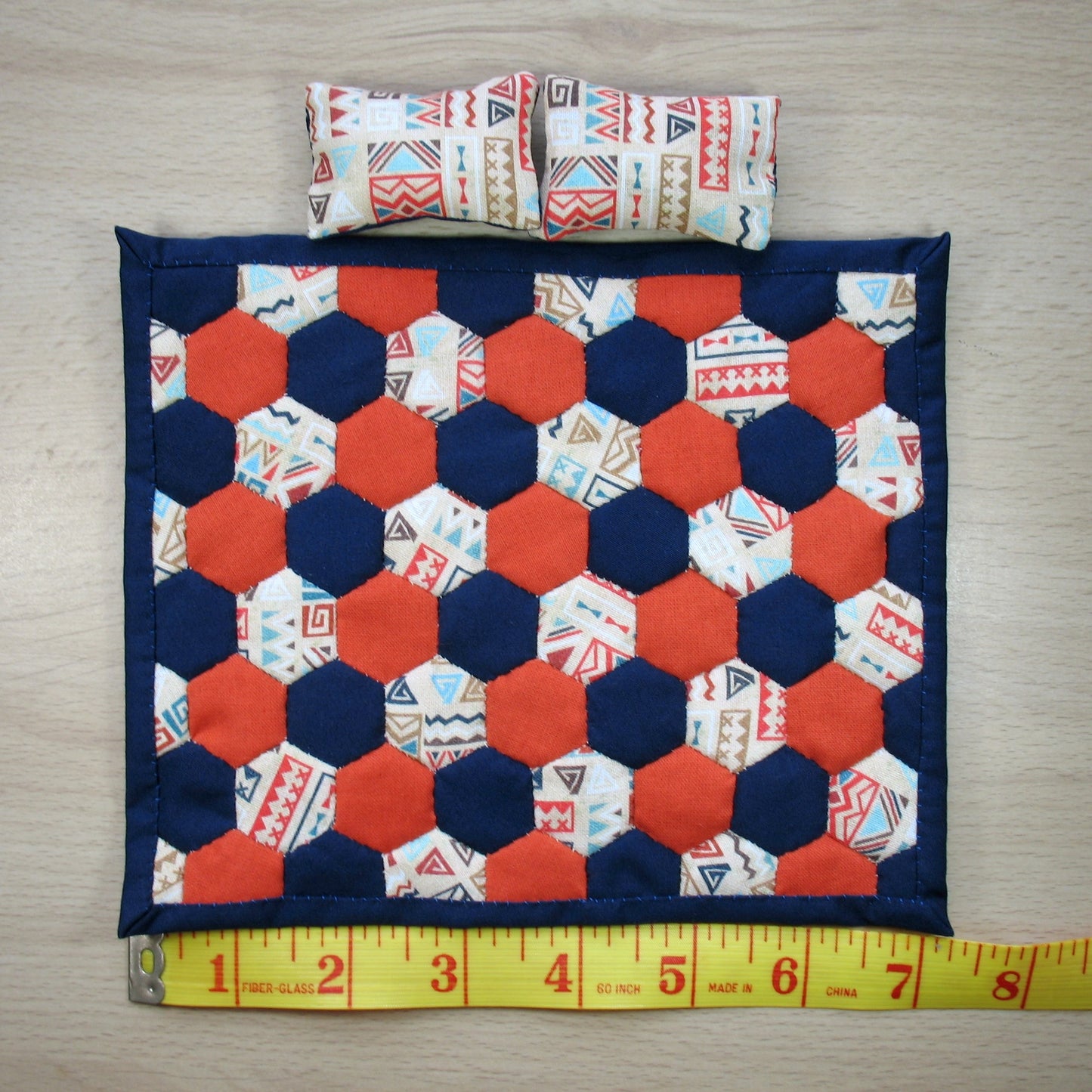 Orange and Blue Double Quilt and Pillows for 1:12 Dollhouse