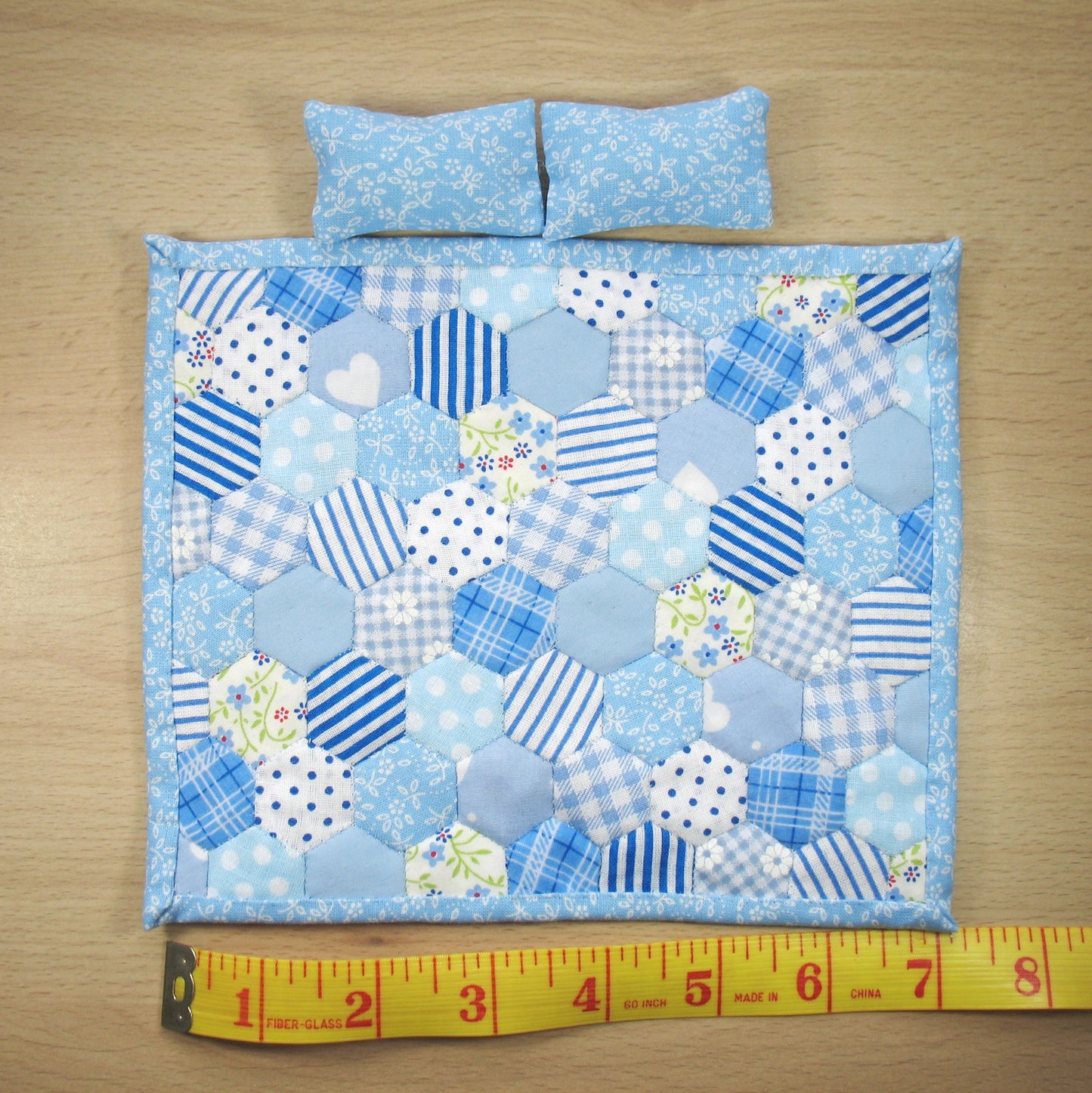 Blue Double Quilt and Pillows for 1:12 Dollhouse