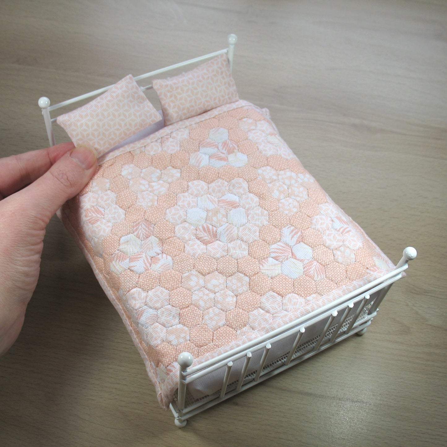 Peachy Hexies Double Quilt and Pillows for 1:12 Dollhouse