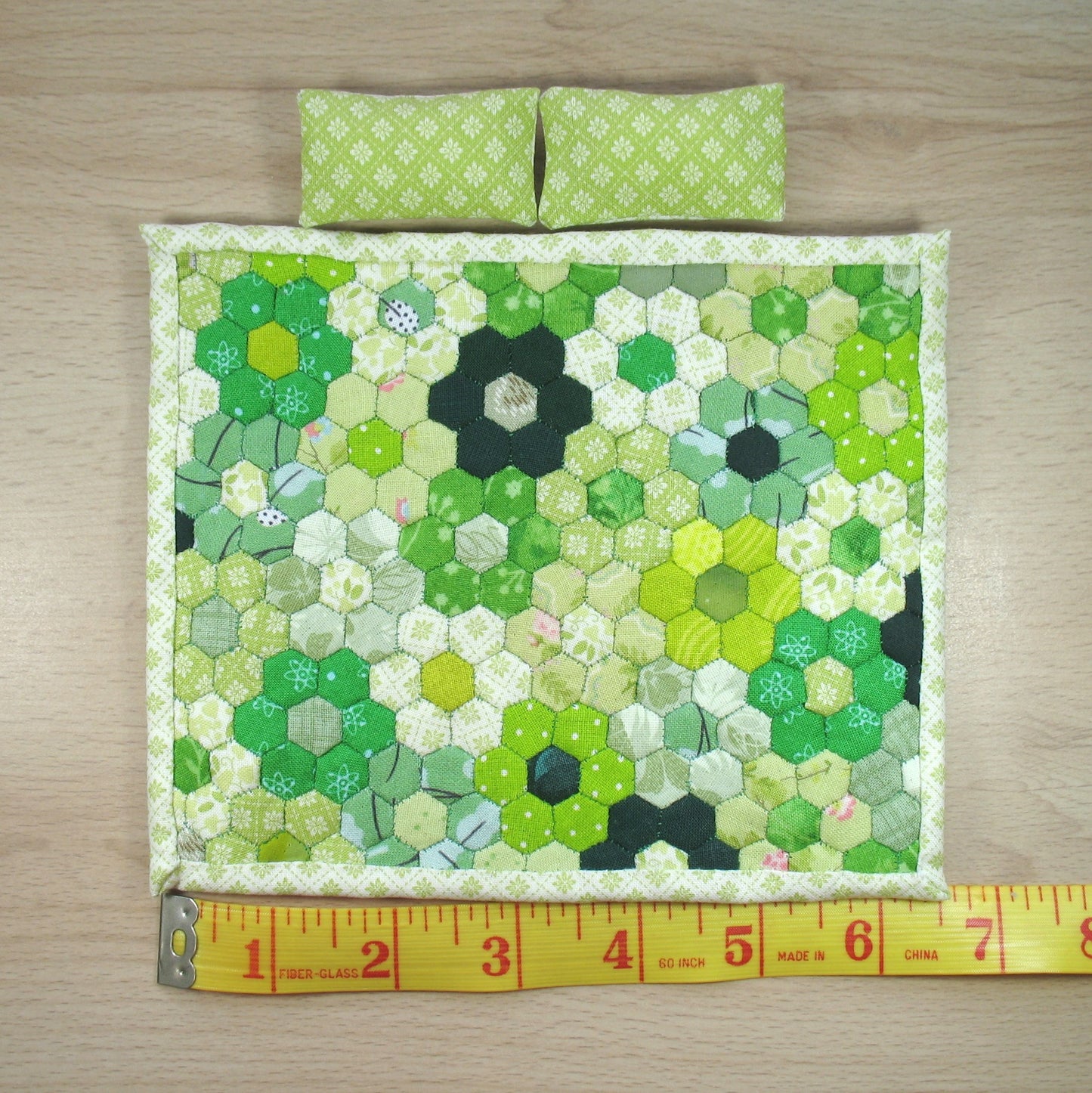 Green Flowers Double Quilt and Pillows for 1:12 Dollhouse