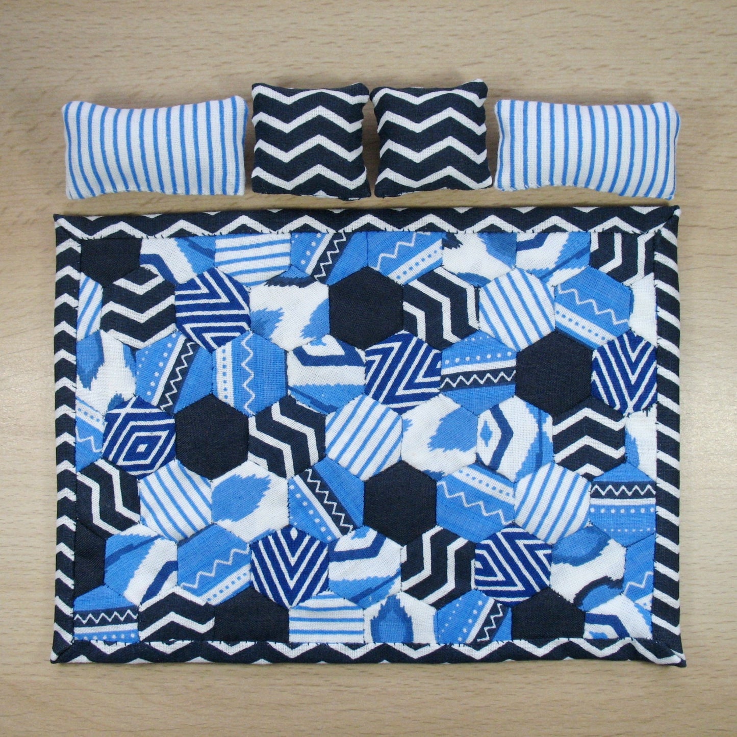 Modern Blue Hexies Double Quilt and Pillows for 1:12 Dollhouse