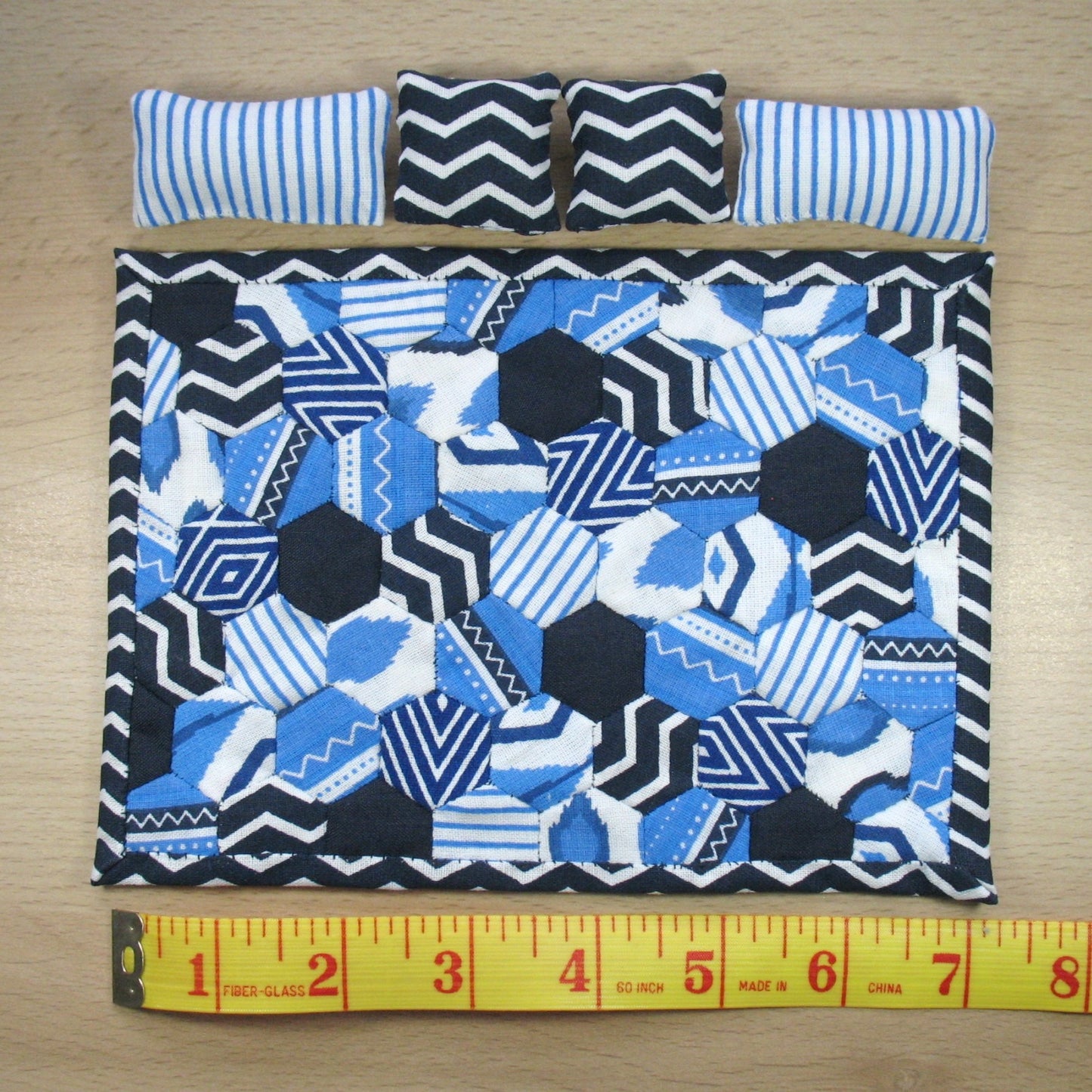 Modern Blue Hexies Double Quilt and Pillows for 1:12 Dollhouse