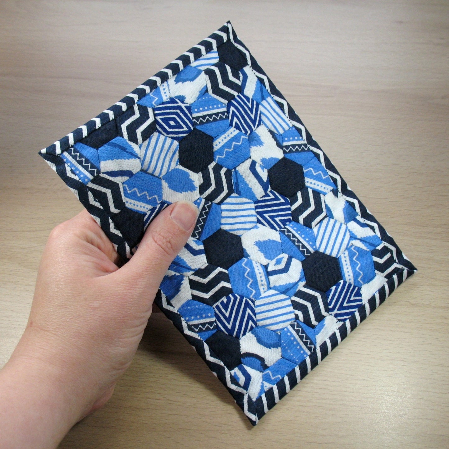 Modern Blue Hexies Double Quilt and Pillows for 1:12 Dollhouse