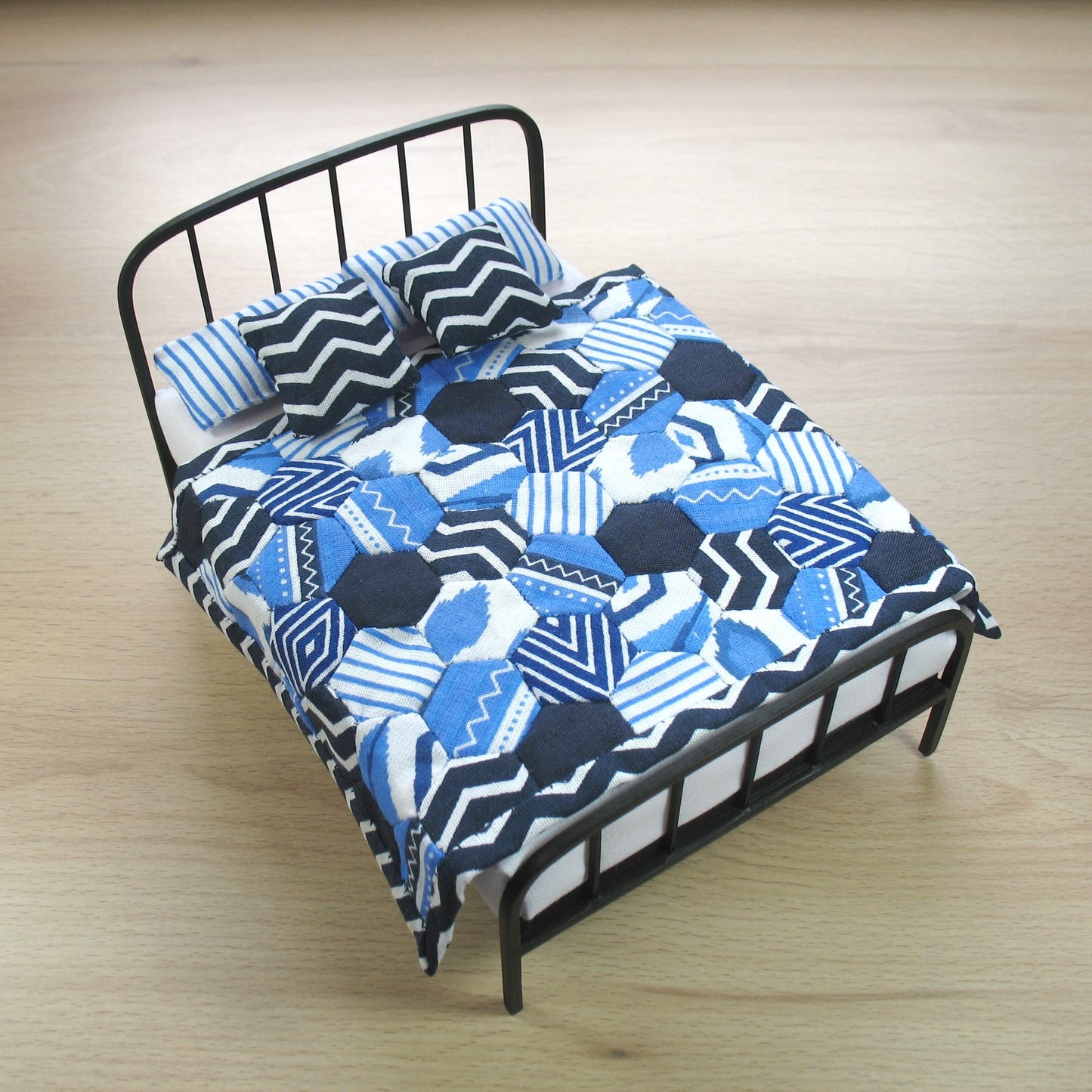 Modern Blue Hexies Double Quilt and Pillows for 1:12 Dollhouse
