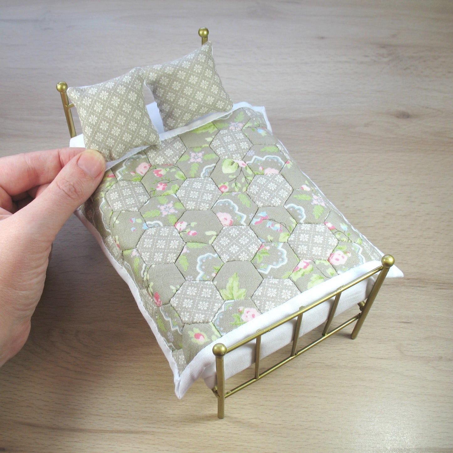 Grey Hexies Single Quilt and Pillows for 1:12 Dollhouse