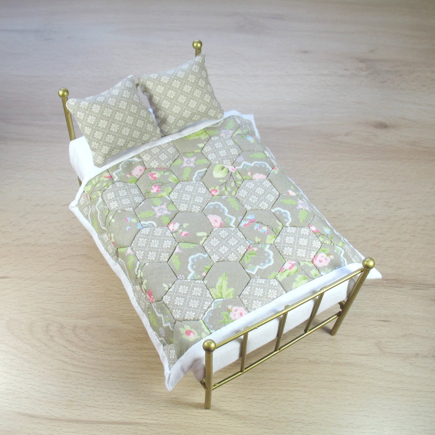 Grey Hexies Single Quilt and Pillows for 1:12 Dollhouse