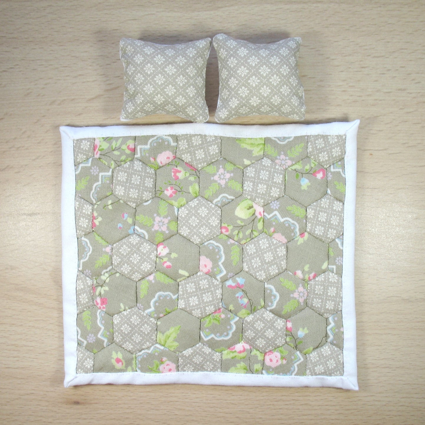 Grey Hexies Single Quilt and Pillows for 1:12 Dollhouse
