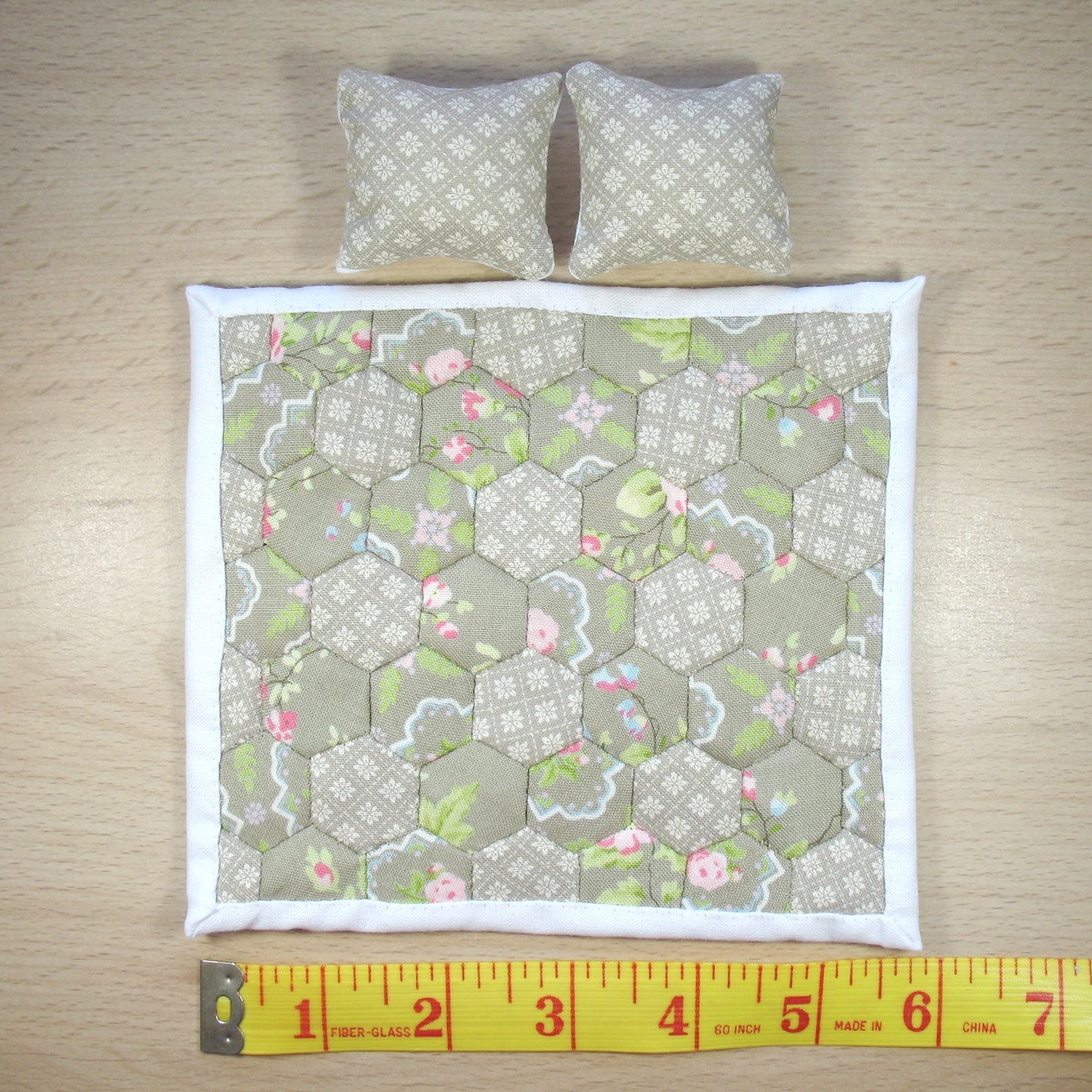 Grey Hexies Single Quilt and Pillows for 1:12 Dollhouse