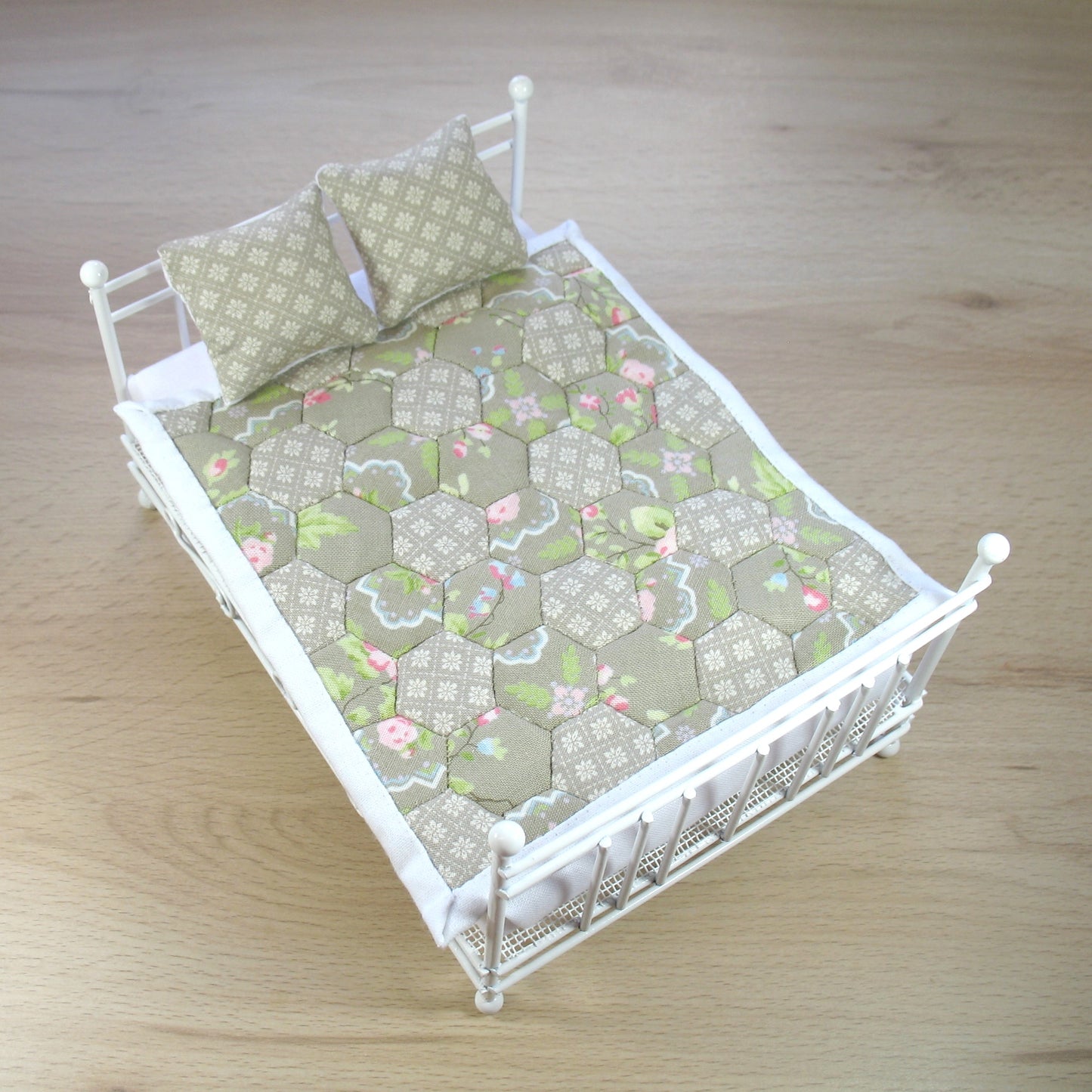 Grey Hexies Single Quilt and Pillows for 1:12 Dollhouse