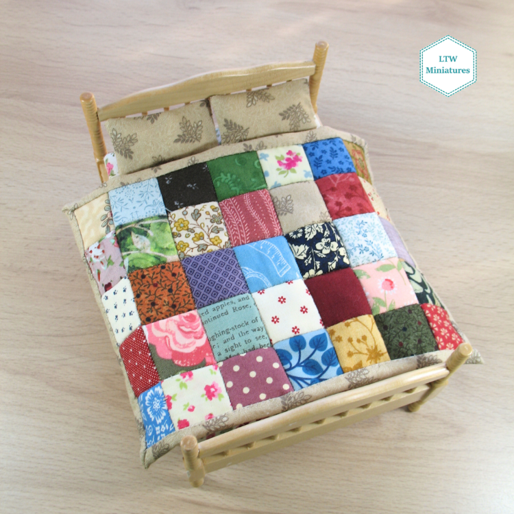 Scrappy 1" Squares Double Quilt and Pillows for 1:12 Dollhouse