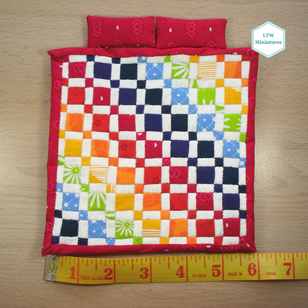 Rainbow Squares Single Quilt and Pillows for 1:12 Dollhouse