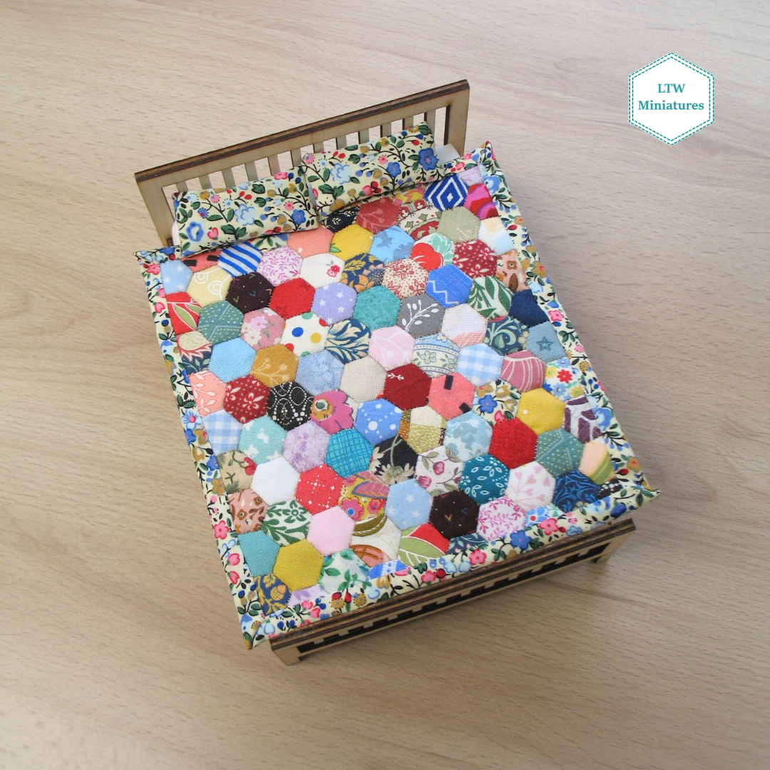 Scrappy 3/8" Hexies Single Quilt and Pillows for 1:12 Dollhouse