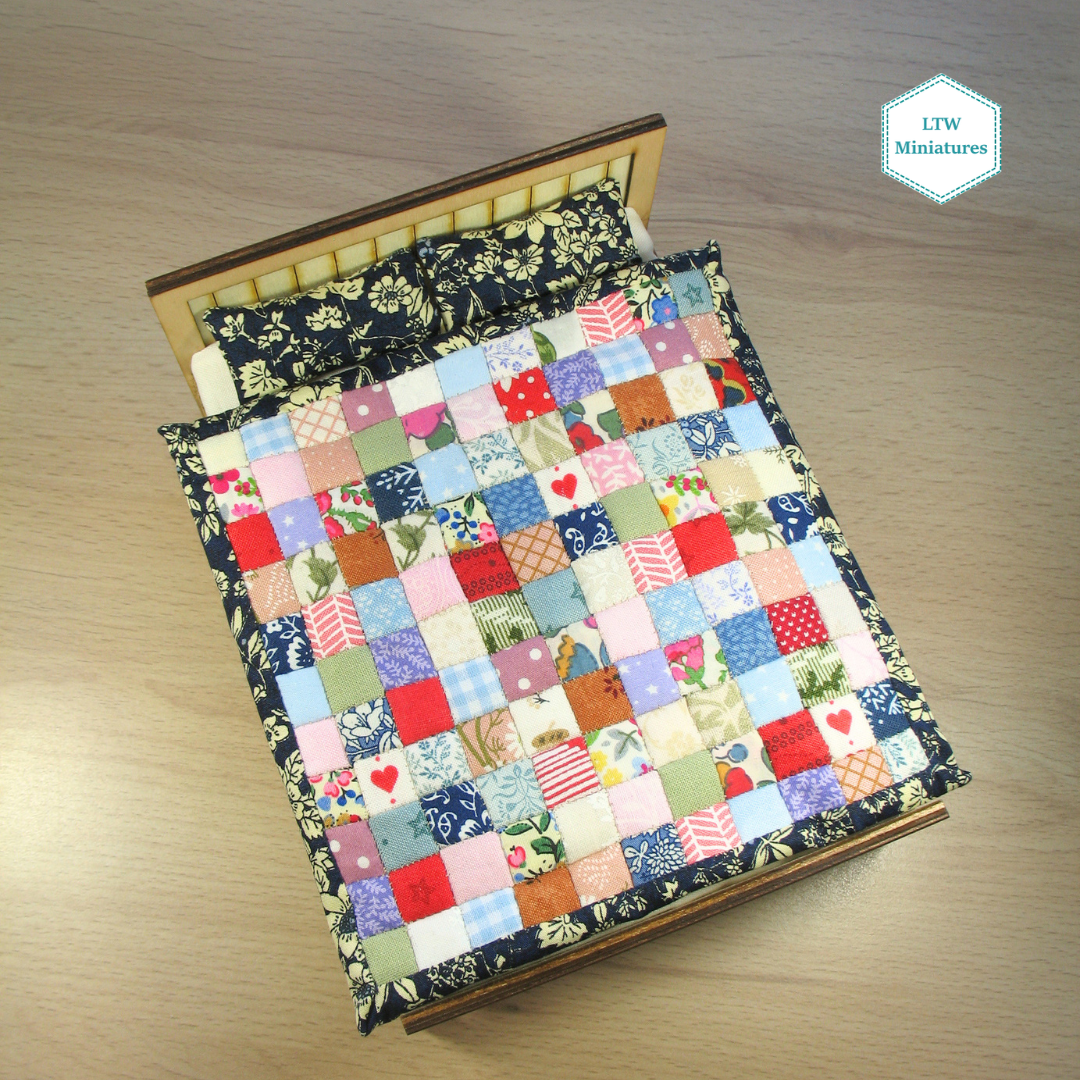 Squares and Hearts Double Quilt and Pillows for 1:12 Dollhouse