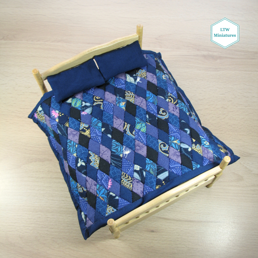Blue and Purple Double Quilt and Pillows for 1:12 Dollhouse