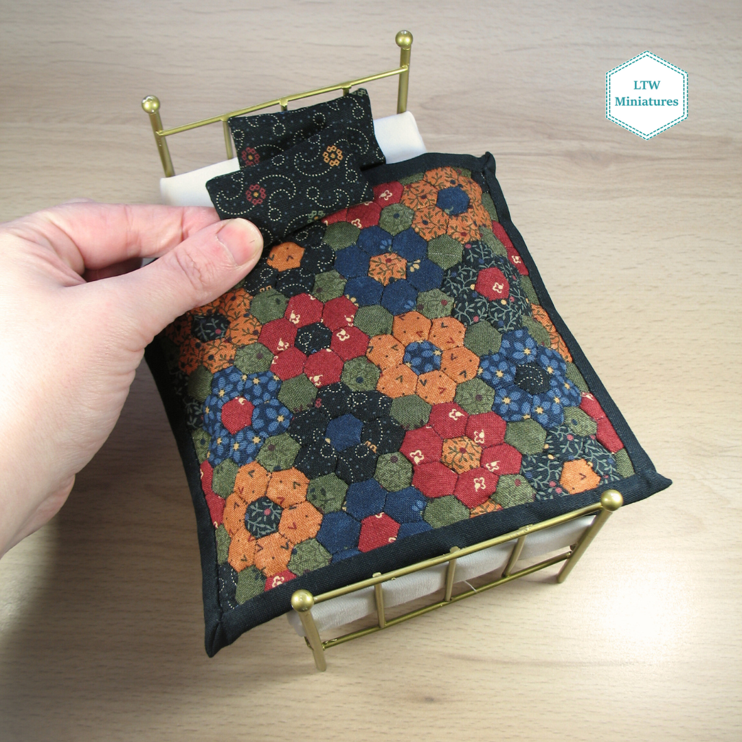 Dark Flower Hexies Single Quilt and Pillows for 1:12 Dollhouse