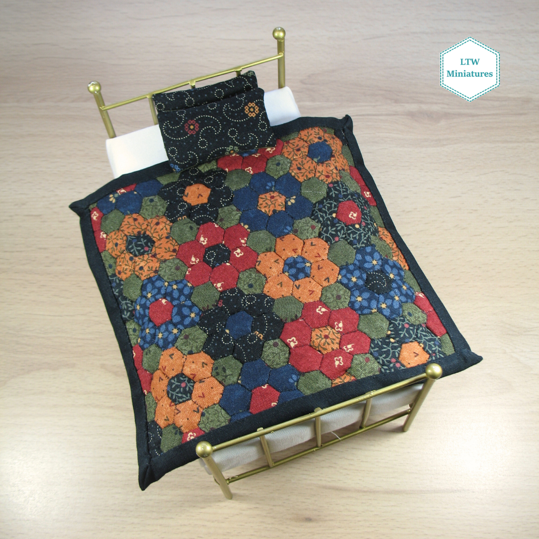 Dark Flower Hexies Single Quilt and Pillows for 1:12 Dollhouse