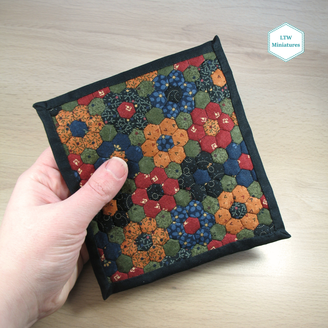 Dark Flower Hexies Single Quilt and Pillows for 1:12 Dollhouse