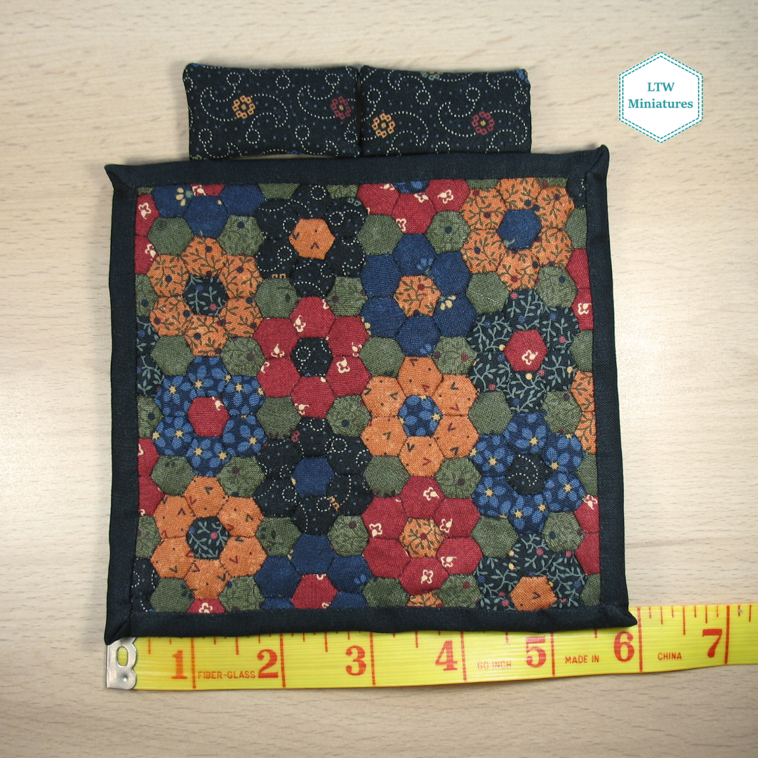 Dark Flower Hexies Single Quilt and Pillows for 1:12 Dollhouse