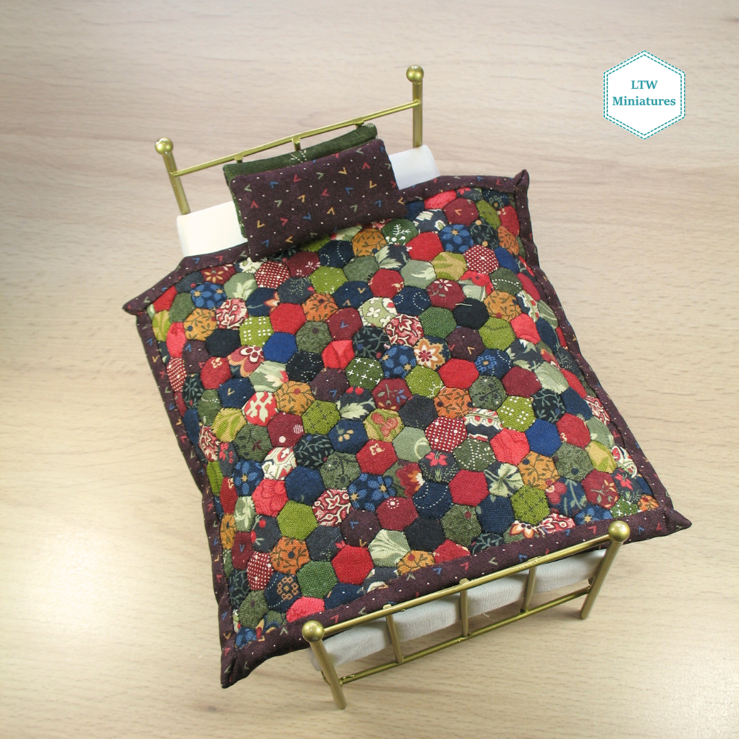 Dark Scrappy Hexies Single Quilt and Pillows for 1:12 Dollhouse