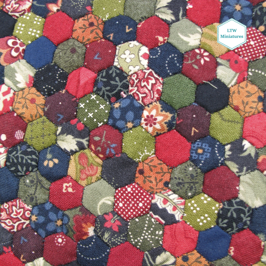 Dark Scrappy Hexies Single Quilt and Pillows for 1:12 Dollhouse