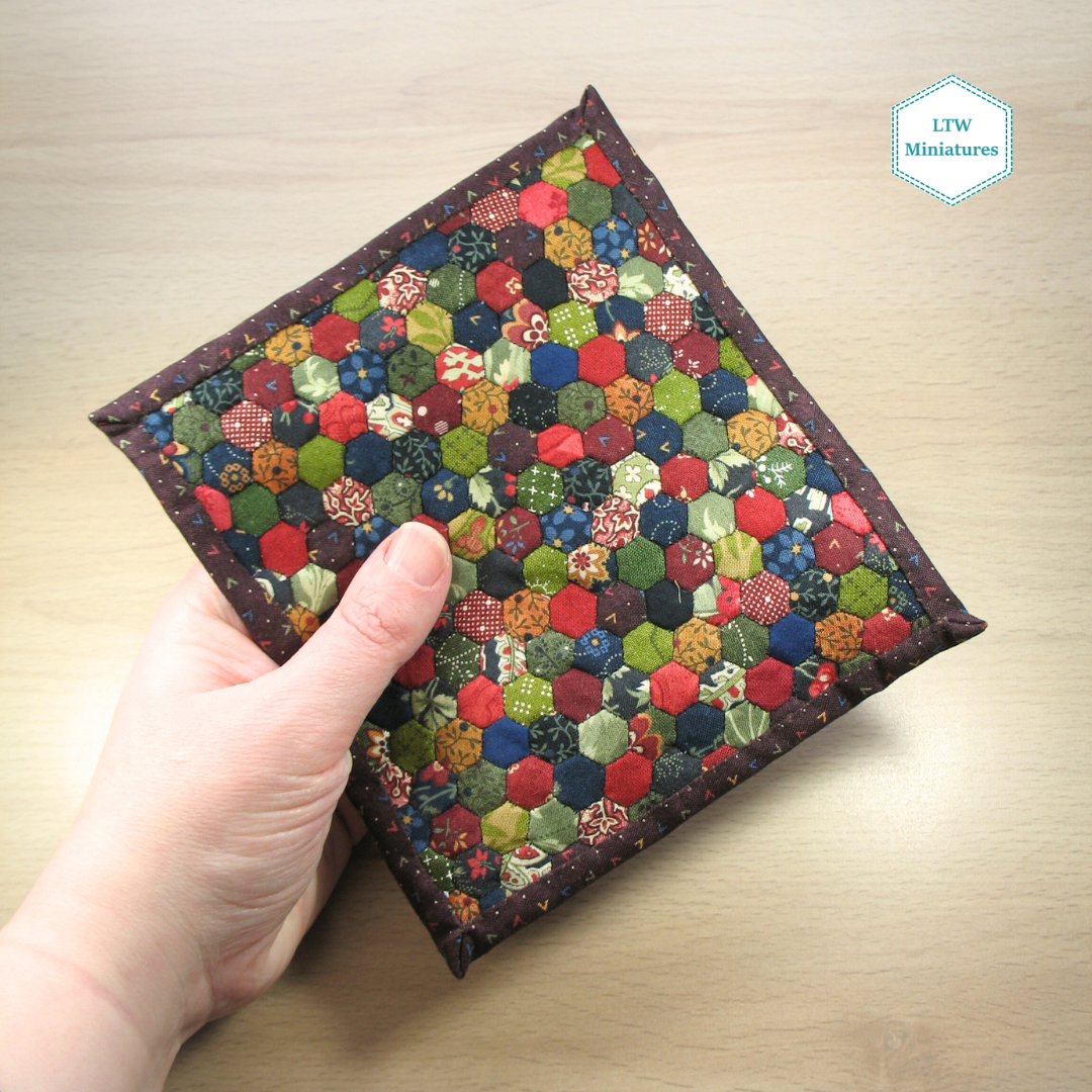 Dark Scrappy Hexies Single Quilt and Pillows for 1:12 Dollhouse