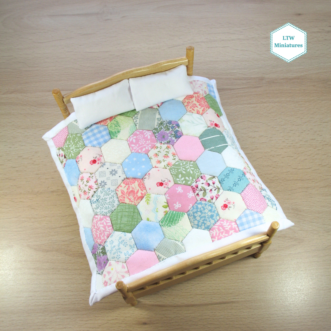 Pastel Hexies Double Quilt and Pillows for 1:12 Dollhouse