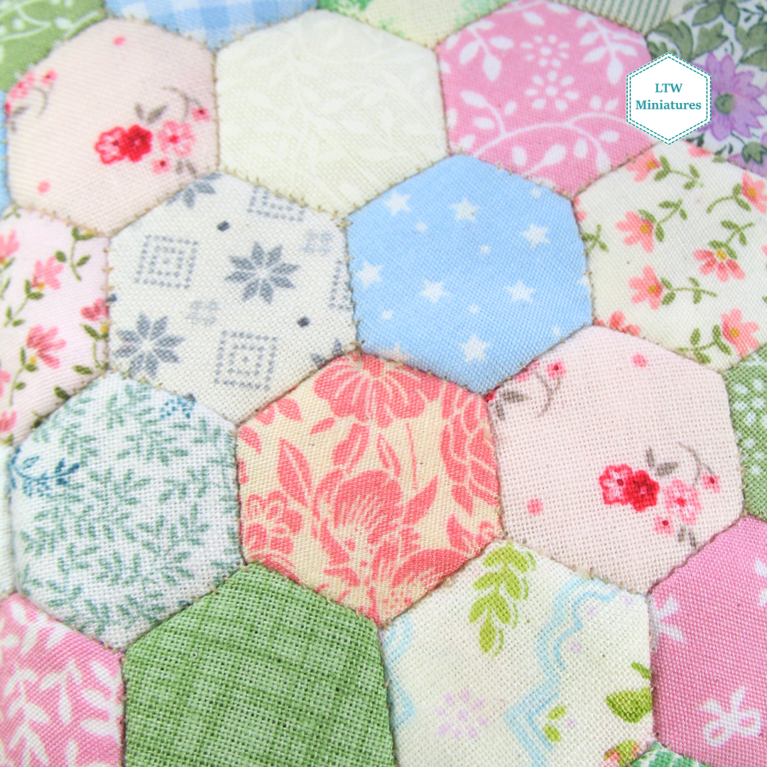 Pastel Hexies Double Quilt and Pillows for 1:12 Dollhouse
