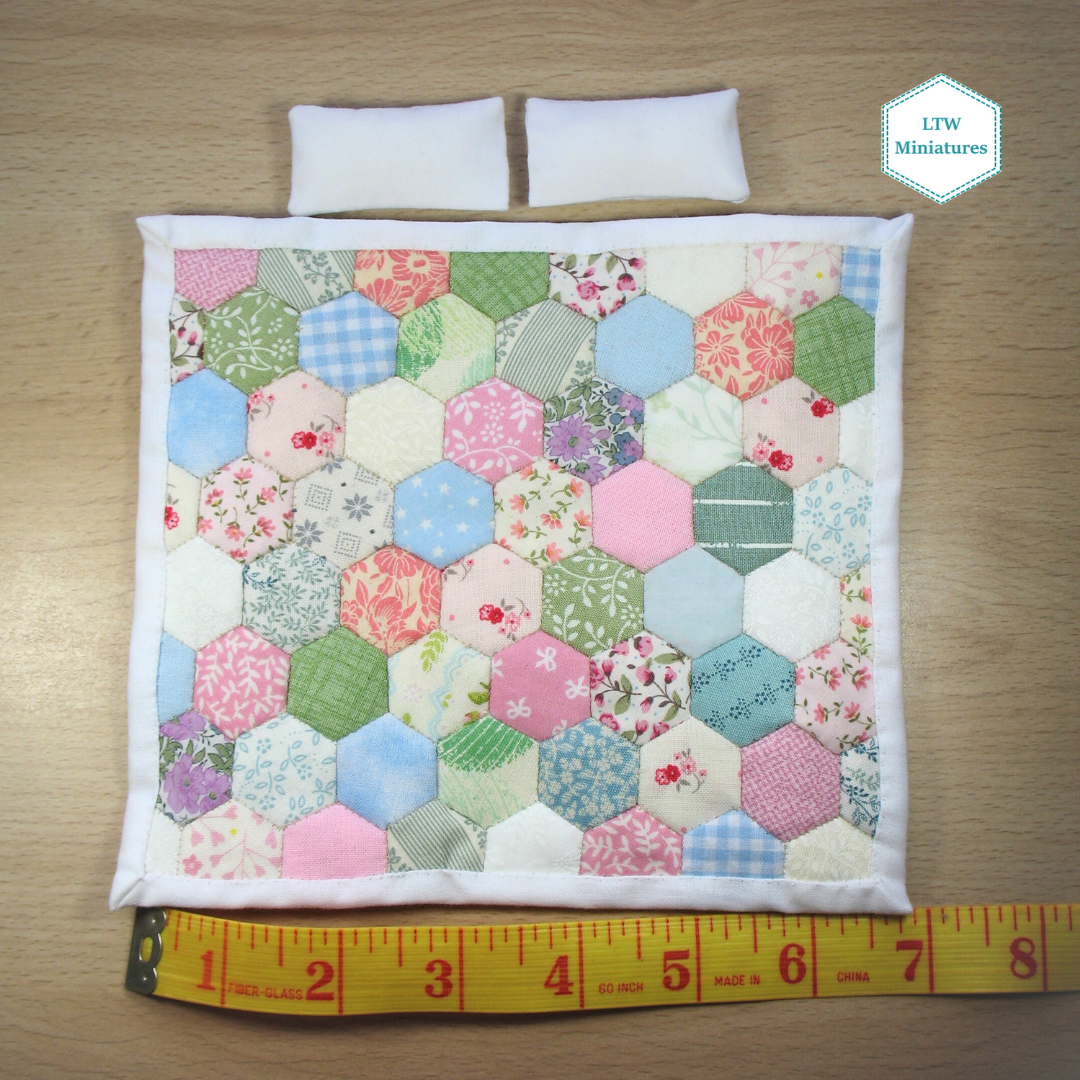 Pastel Hexies Double Quilt and Pillows for 1:12 Dollhouse