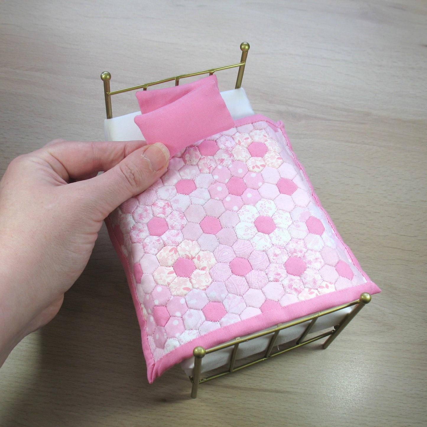 Pink Flowers Single Quilt and Pillows for 1:12 Dollhouse