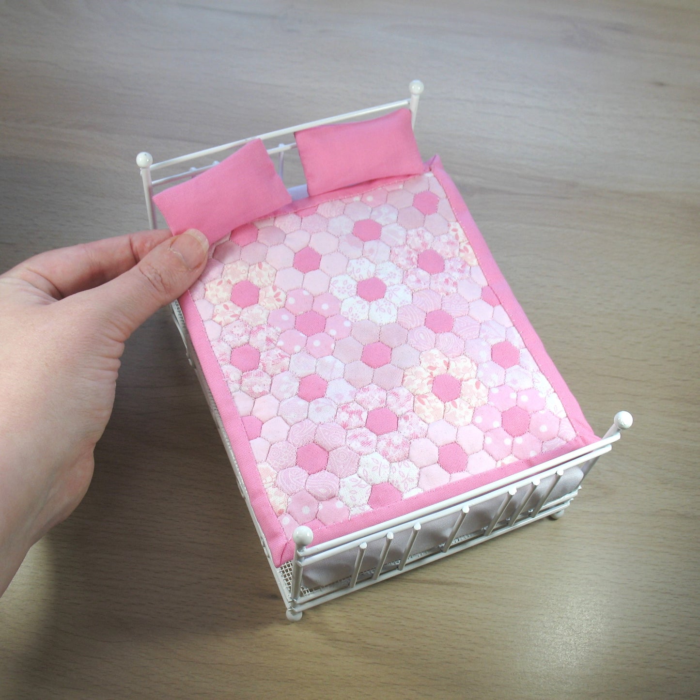 Pink Flowers Single Quilt and Pillows for 1:12 Dollhouse