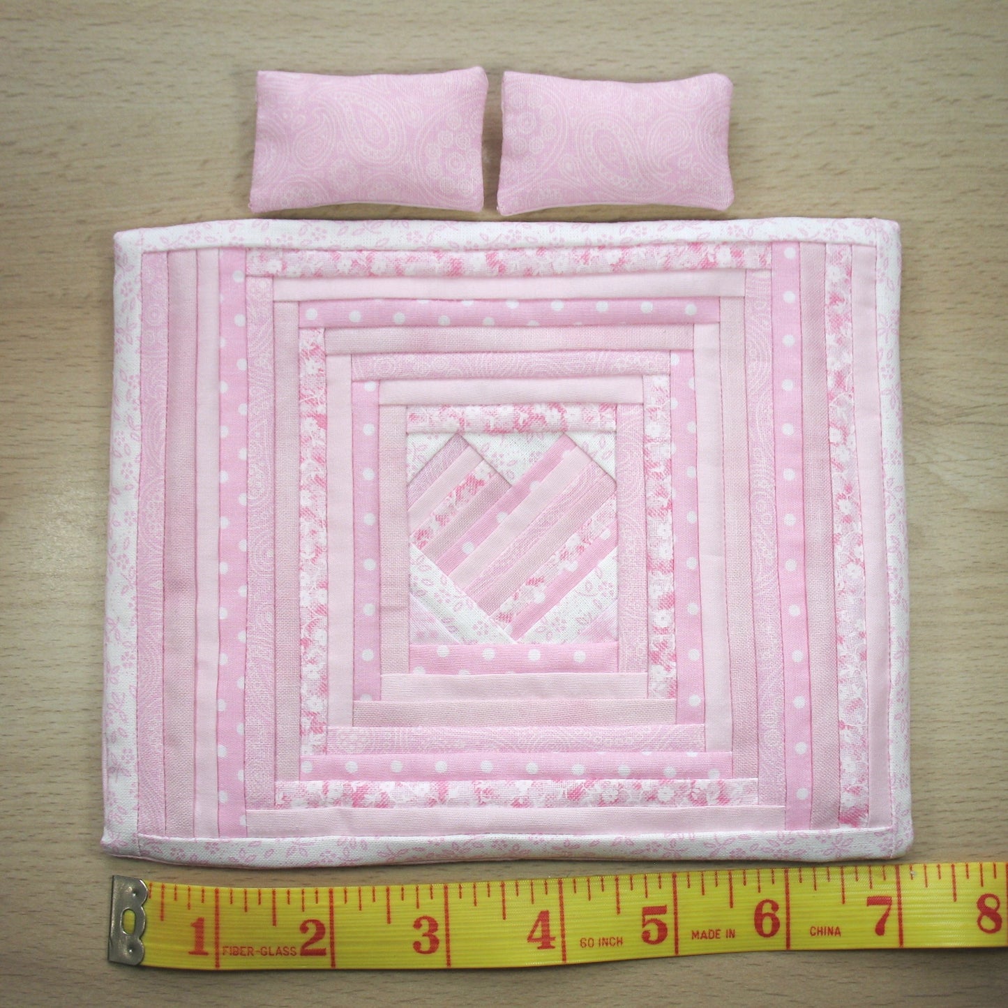 Pastel Pink Heart Double Quilt and Pillows for 1:12 Dollhouse