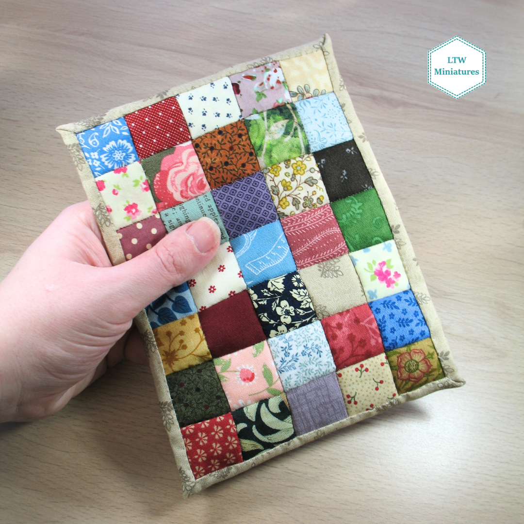 Scrappy 1" Squares Double Quilt and Pillows for 1:12 Dollhouse