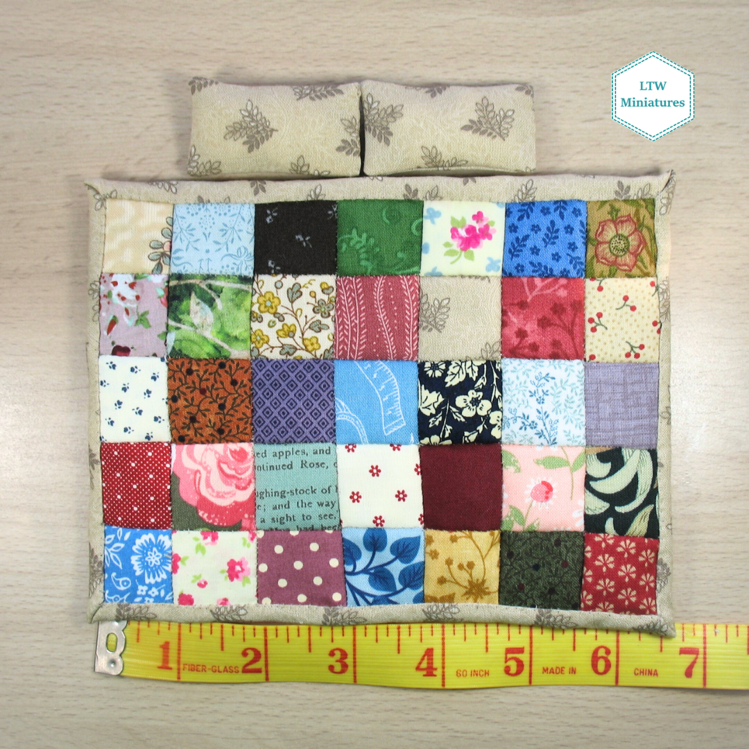 Scrappy 1" Squares Double Quilt and Pillows for 1:12 Dollhouse