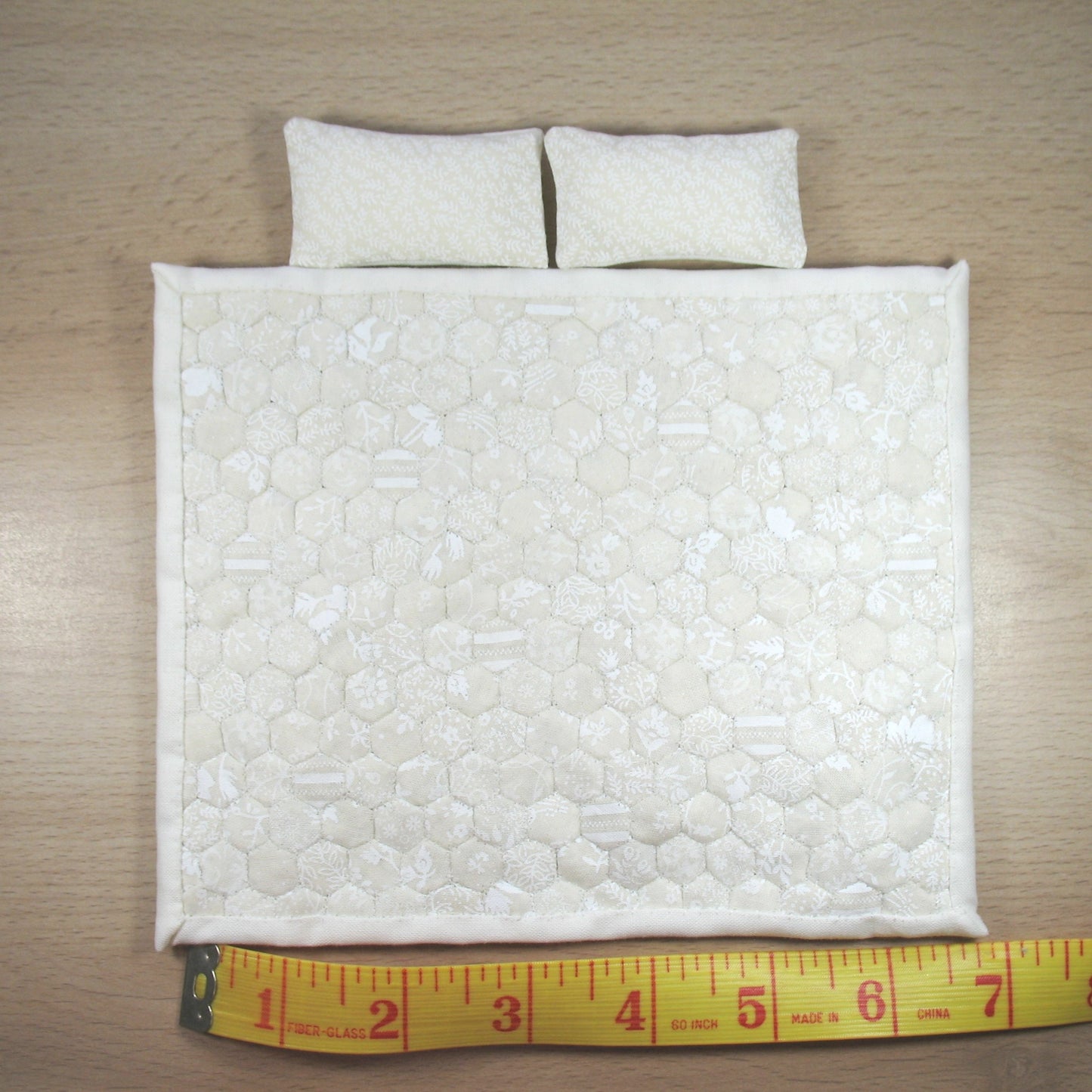 Neutral White Hexies Double Quilt and Pillows for 1:12 Dollhouse