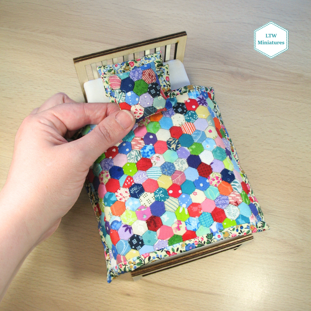 Bright Hexies Double Quilt and Pillows for 1:12 Dollhouse